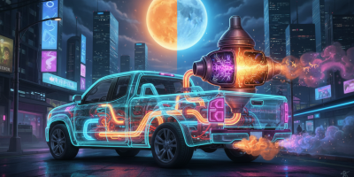 Neon wireframe pickup truck with internal glowing pipes and an energy device in the bed.