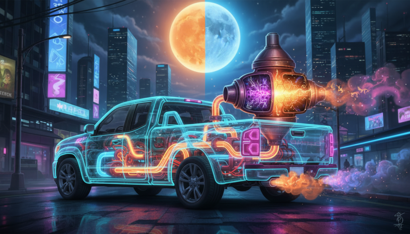 Neon wireframe pickup truck with internal glowing pipes and an energy device in the bed.